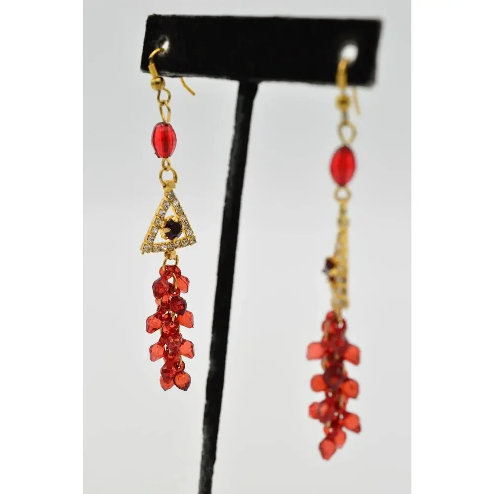 Statement Dangle Earrings Earrings Red Rhinestone Crystal Beaded Cluster Gold 9L